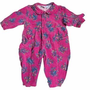 Vintage toddler 18M pink floral corduroy jumpsuit, cotton paisley.